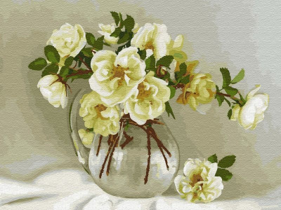 Картина по номерам на дереве 40х50 БУЗИН. БЕЛЫЕ РОЗОЧКИ (24 цвета)